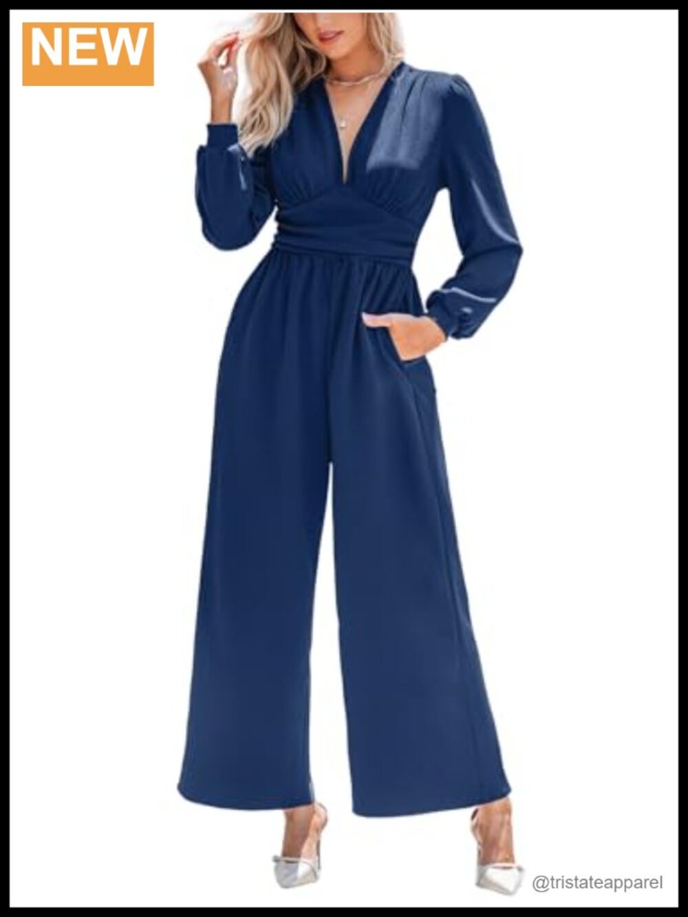 Women's One Piece Wide Leg Jumpsuit Long Sleeve V-Neck with Pockets